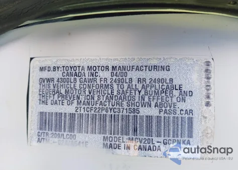 2000 Toyota Camry Solara Sle V6 from USA, damaged, VIN 2T1CF22P6YC371585